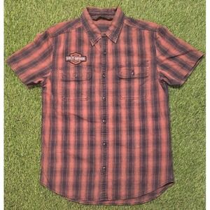 Harley-Davidson 1903 Men's Medium Plaid Shirt Short Sleeve Back Patch Biker 21"